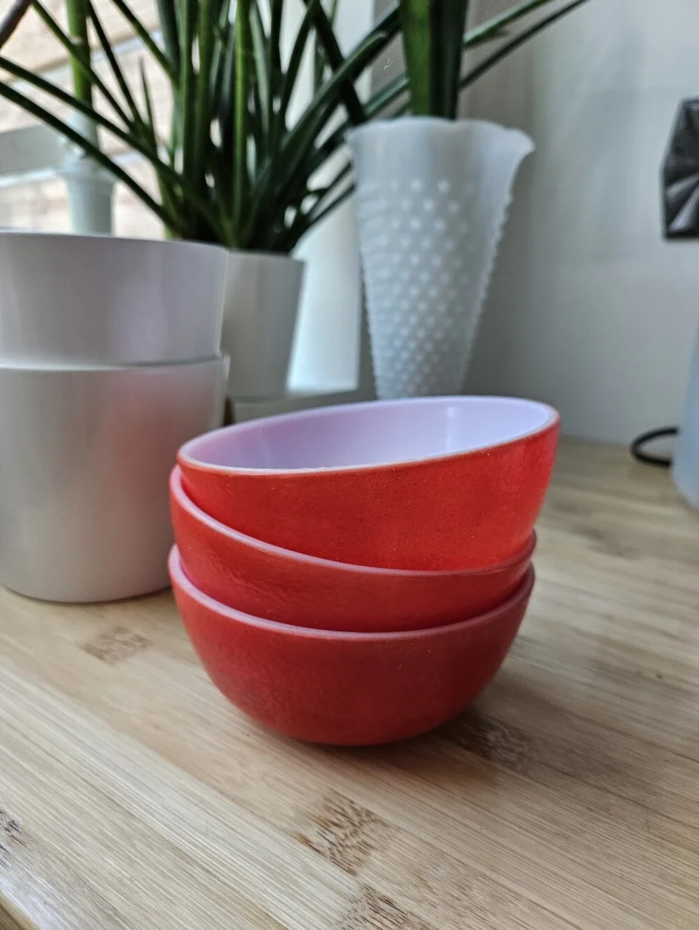 Hazel Atlas MCM Milk Glass Orange Peel Texture Red 4.8 in Cereal Bowl Set of 3